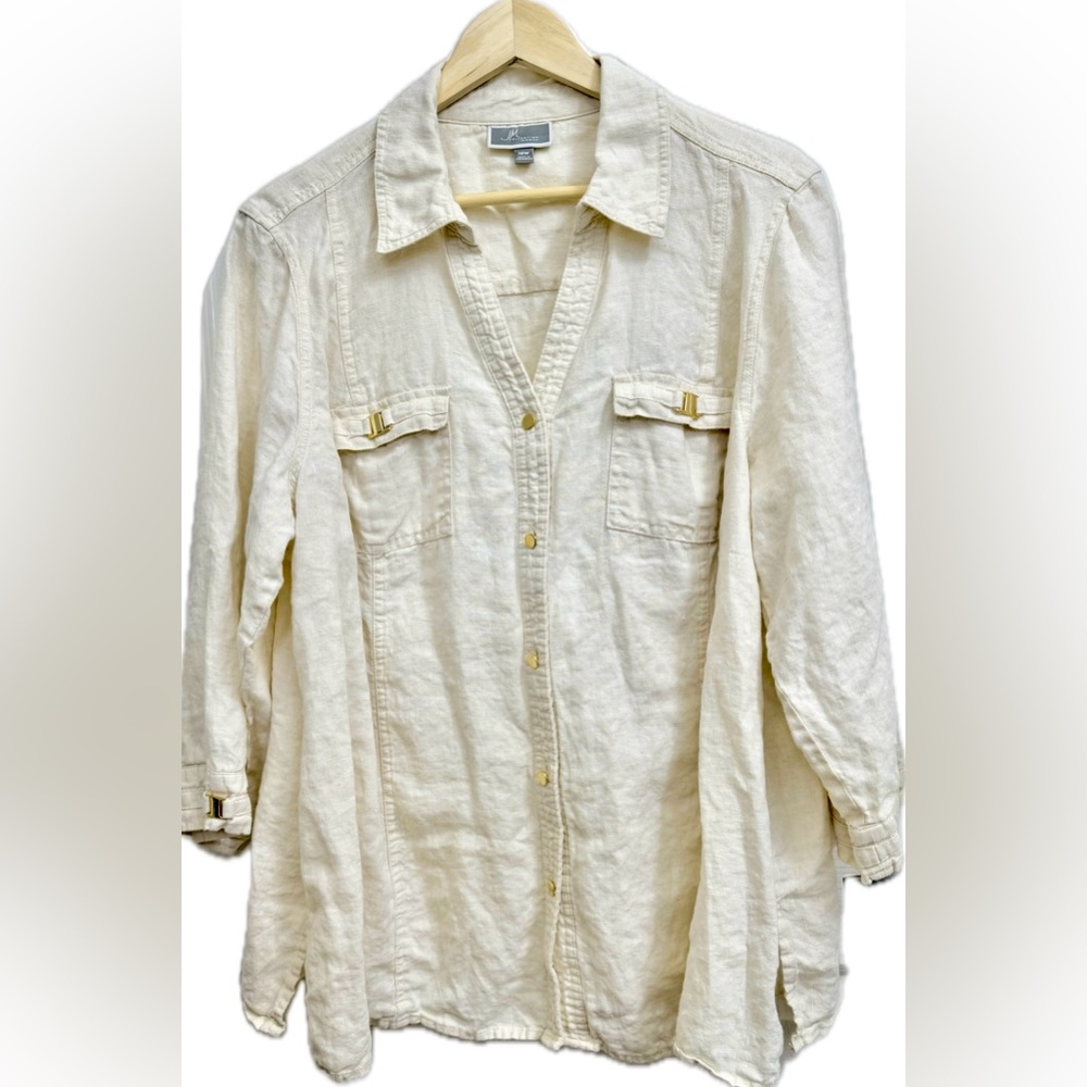 NWT 100% linen blouse with gold metal accents.
